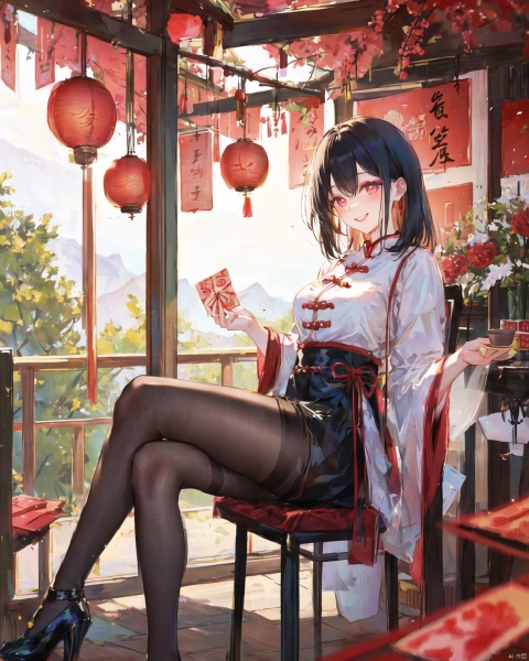In the atmosphere of the Spring Festival, a realistic girl wearing a glossy black pantyhose with a charming skirt around the buttocks, sitting by the window enjoying the warm smell of tea. She holds a packet of red envelopes filled with blessings and joy in her hands, and shows them to every visiting friend and relative with a smile. Her eyes revealed the expectation and longing for the New Year, and the whole picture was full of aesthetic and hopeful atmosphere. At this special moment, she turned the warmth and blessing into the taste of a cup of milk tea, which made everyone happy and happy