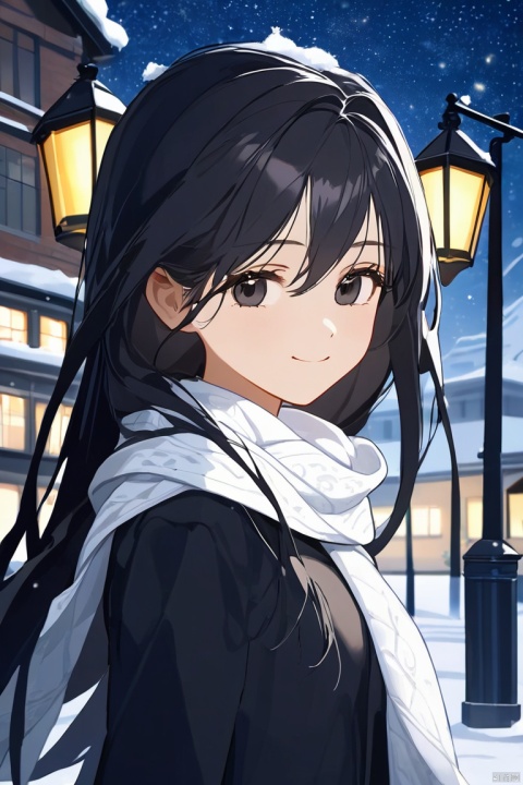 (masterpiece),(best quality),(amazing),finely detailed,depth of field,(extremely detailed cg unity 8k wallpaper),(((1girl))),student,((beautiful detailed face)),((gorgeous detailed eyes)),((black eyes)),(((gorgeous detail face))),(((close to viewer))),(((white scarf over mouth))),small breast,((long hair)),(pick and dye black hair),(flowing hair),((black school uniform)),((snowing)),(smile),((beautiful detailed modern city background)),((street lamp)),(((starry night background))),