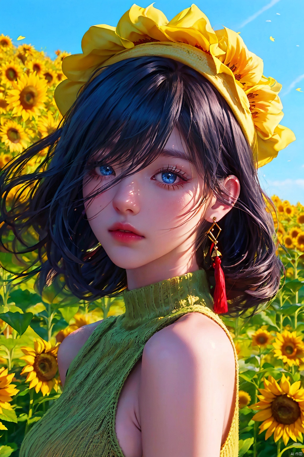 Hd 8K+ detailed face + slip dress + audience + dynamic + fluttering in the wind +shenhe,genshin impact,1Girl,solo,long hair,(headwear:1.3),blue eyes,looking at the wind audience,tassel earrings,hair covering oneeye,bangs,virgin_killer_sweater+ sunflower field + summer + atmosphere + backlight + one-hand adjustment hat + detailed face + strap dress + audience + dynamic + fluttering in the wind +