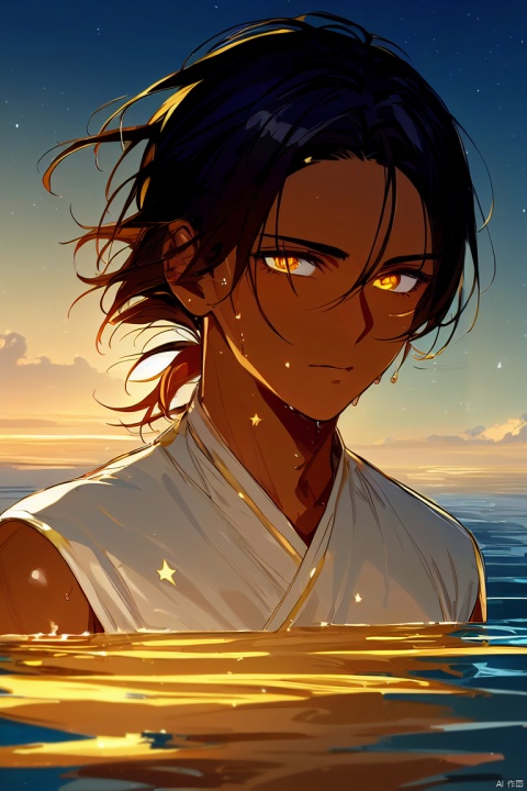 (dark-skinned male),(low-tied short ponytail),solo,(painting),(sketch),(masterpiece), landscape/scenery, wet,bare arms,broken body,sitting in the golden water and looking up,best quality, beautifully painted,highly detailed,artbook,night,beautiful detailed golden ocean, beautiful detailed water,(illustration),cute face,silm boy,fighting stance,dynamic angle,boyfriend,idol,handsome,(golden eyes),(((short hair))), ((black hair)),parted bangs,beautiful detailed eyes,(close up),beautiful detailed face, (floating golden stars),(flowing golden liquid),(white cloth),(white robe),
