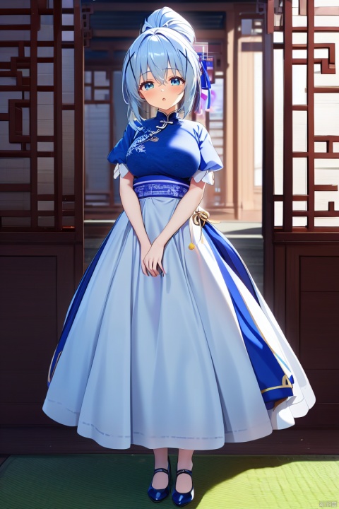 x hair ornament+highres,Amazing,extremely detailed CG,8k wallpaper,ultra-detailed,masterpiece,best quality+kafuu chino,1 girl, light linen blue slightly curly hair, ponytail,dark blue eyes,china dress,High heeled gift shoes,
standing, Spring Festival., kafuu chino
