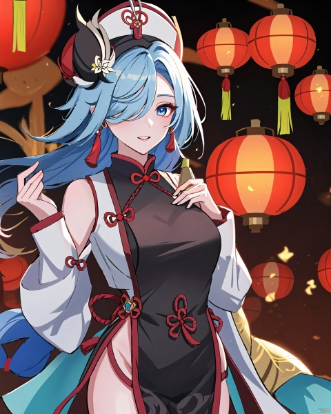 shenhe,genshin impact,a mature woman,solo,long hair,(headwear:1.3),blue eyes,looking at the audience,tassel earrings,hair covering one eye,bangs,virgin_killer_sweater, Cheongsam + Spring Festival + lanterns + fireworks + open screen+full bod