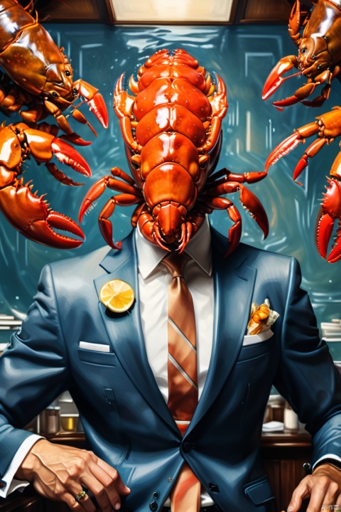 cinematic photo, centered, (The social elite in suits with (lobster) DNA), resulting in a new character that embodies elements of both, dynamic pose, full body shot, hybrid, (double exposure art:1.5), background: office, depth of field, full color, photorealistic, hyper realistic, highly detailed, pro vector, bright colors, shiny, fractal details, art by j.c. leyendecker  . 35mm photograph, film, bokeh, professional, 4k, highly detailed, ink paniting, 1girl
