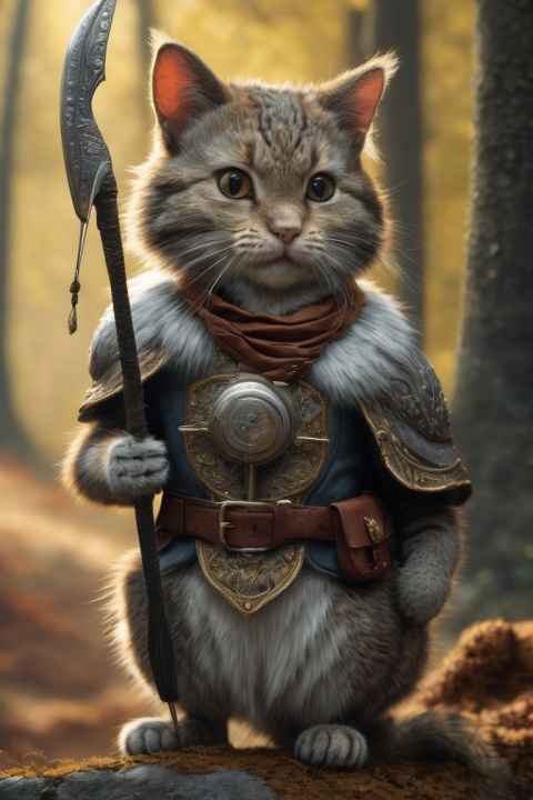 macro camera, illustration of a cat  The creature IS holding a spear.   fantasy art, intricate details, style Jean - Baptiste Monge, style Alan Lee, anthropomorphic squirrel , scene from a movie, dramatic shot angle, atmospheric particles, Real, raw cinematic photorealism, action portrait, 8k, detailed, centered, full frame, depth of field