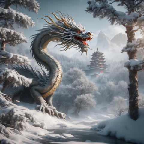 photo of Chinese dragon. pine tree in a winter wonderland. Cinematic.