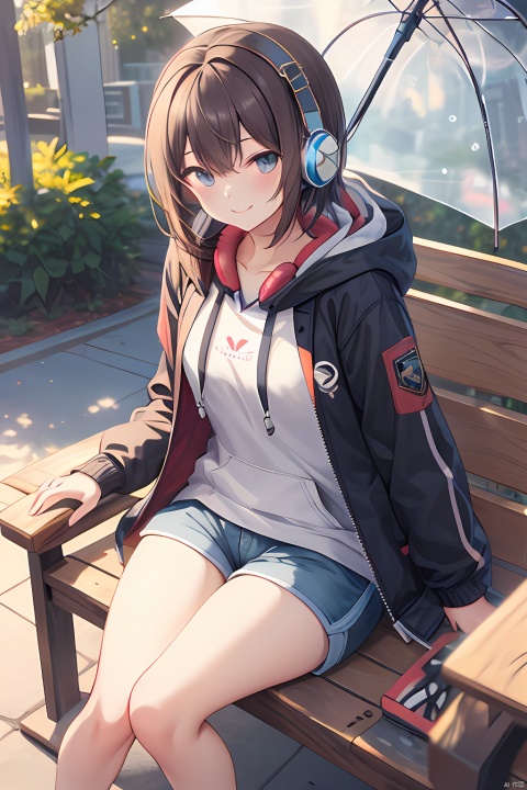 a nice girl sitting wearing headphones and carrying a shopping bag and umbrella on a wooden chair headphones, sitting, brown hair, looking at viewer, smile, shorts, outdoors, jacket, hood, solo focus, closed mouth, bangs, hoodie