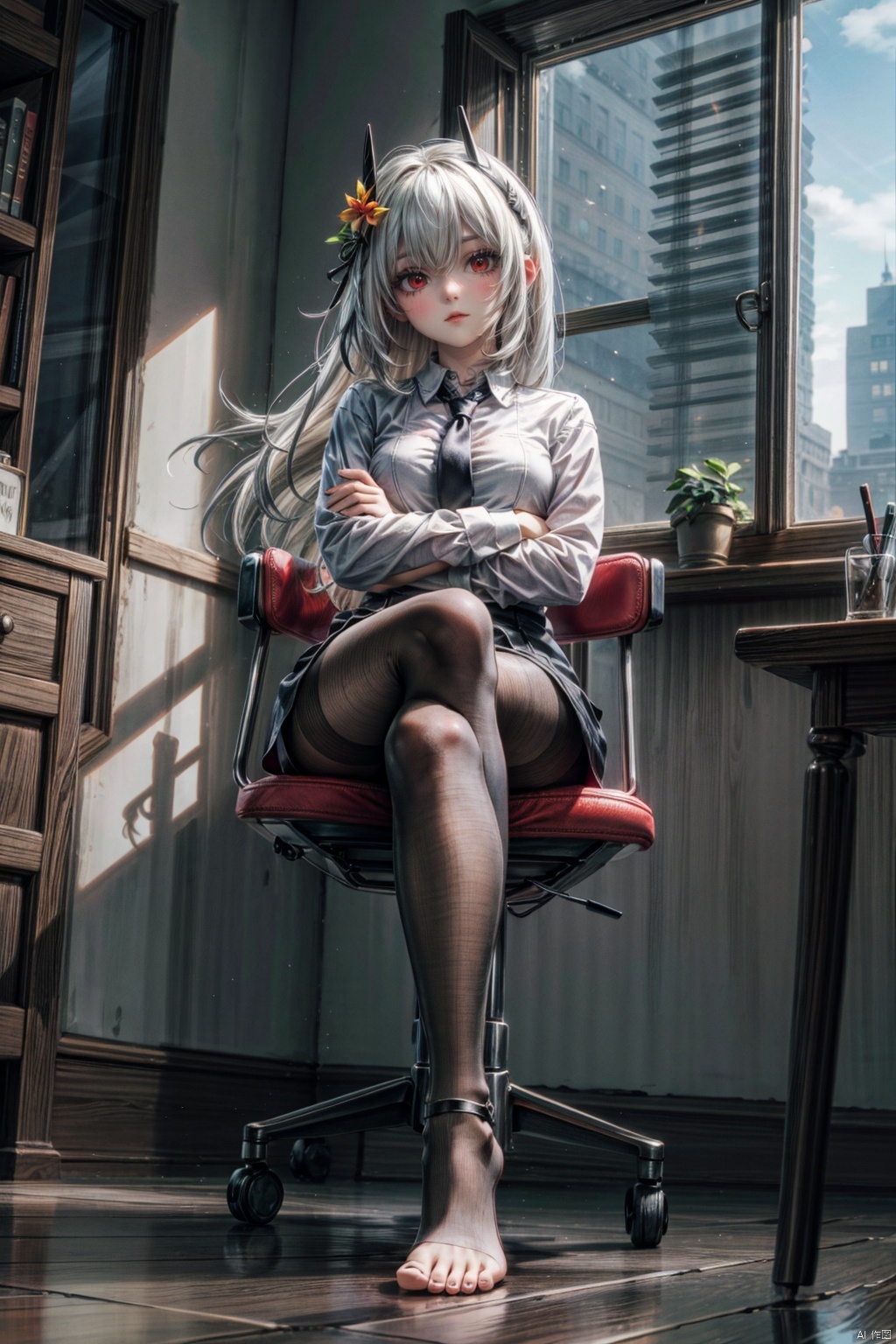  1girl, {feet on desk}, white hair, red eyes, white shirt, black necktie, sitting, full body, feet, toes, legs, crossed legs, crossed arms, office, black pantyhose, soles, foot focus, no shoes, dutch angle, looking at viewer, office chair, sharp eyes, long hair, medium breasts, shiny skin, solo, window, blinds, window blinds, twilight,landscape, Add details