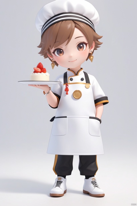  (best quality), ((masterpiece)), (highres), 
Peiqi,3DIP,3D,IP,illustration, original, extremely detailed,jjj, 1girl, solo, one eye closed, male focus, white footwear, watch, wristwatch, full body, white background, jewelry, smile, standing, food, pants, apron, chef, simple background, holding, shoes, hand in pocket, looking at viewer, plate, headband, holding plate, bracelet, closed mouth, earrings, hand up, brown hair, black eyes, white headband, Peiqi,3DIP,3D