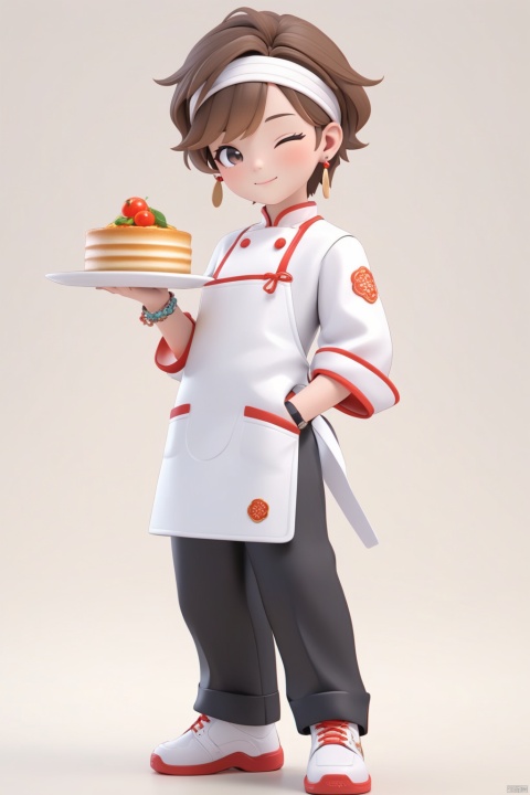  (best quality), ((masterpiece)), (highres), 
Peiqi,3DIP,3D,IP,illustration, original, extremely detailed,jjj, 1girl, solo, one eye closed, male focus, white footwear, watch, wristwatch, full body, white background, jewelry, smile, standing, food, pants, apron, chef, simple background, holding, shoes, hand in pocket, looking at viewer, plate, headband, holding plate, bracelet, closed mouth, earrings, hand up, brown hair, black eyes, white headband, Peiqi,3DIP,3D