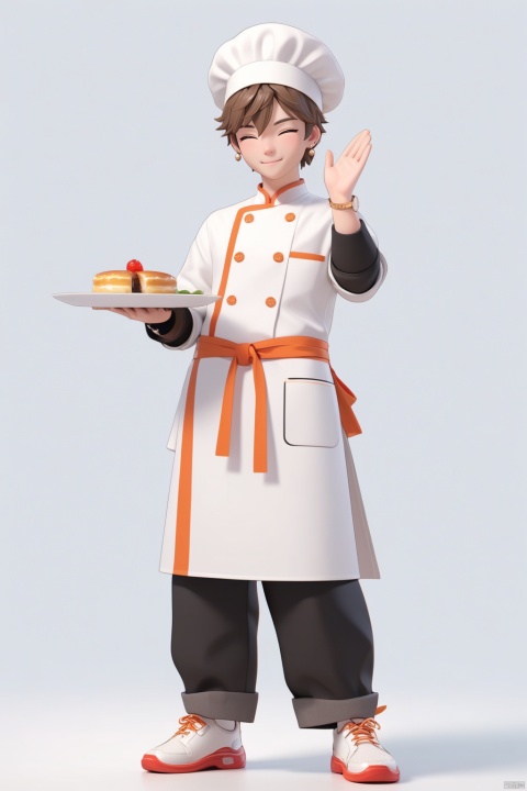  (best quality), ((masterpiece)), (highres), 
Peiqi,3DIP,3D,IP,illustration, original, extremely detailed,jjj, 1boy, solo, one eye closed, male focus, white footwear, watch, wristwatch, full body, white background, jewelry, smile, standing, food, pants, apron, chef, simple background, holding, shoes, hand in pocket, looking at viewer, plate, headband, holding plate, bracelet, closed mouth, earrings, hand up, brown hair, black eyes, white headband, Peiqi,3DIP,3D
