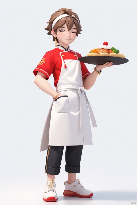  (best quality), ((masterpiece)), (highres), 
Peiqi,3DIP,3D,IP,illustration, original, extremely detailed,jjj, 1boy, solo, one eye closed, male focus, white footwear, watch, wristwatch, full body, white background, jewelry, smile, standing, food, pants, apron, chef, simple background, holding, shoes, hand in pocket, looking at viewer, plate, headband, holding plate, bracelet, closed mouth, earrings, hand up, brown hair, black eyes, white headband, Peiqi,3DIP,3D
