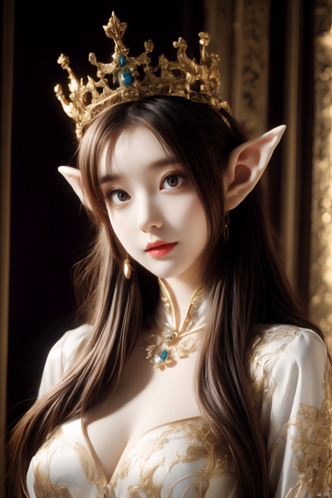 The cosplayer is a white cat, The role she plays is an (Elf Queen) , highly detailed, royalty, 8k sharp focus