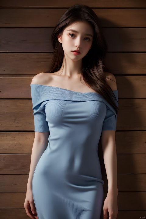 breathtaking woman, long light-brunette hair, light-blue eyes, full lips, from above, wearing a form fitting knit dress, dark-purple dress, off the shoulder dress, leaning against the wall of an old house with worn wooden walls, messy, dusty, minimal lighting, dark, moody, deep shadows . award-winning, professional, highly detailed