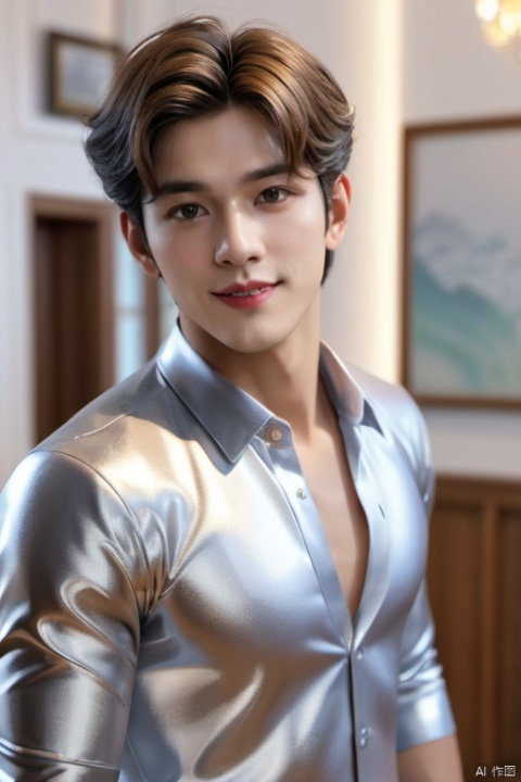  1male,23 years old,(best quality:2),(masterpiec:2).silver shiny shirt,((golden-silver inlay hair:2)),extremely detailed CG unity 16k wallpaper,masterpiece,smile,indoor,high detailed,8k UHD, 