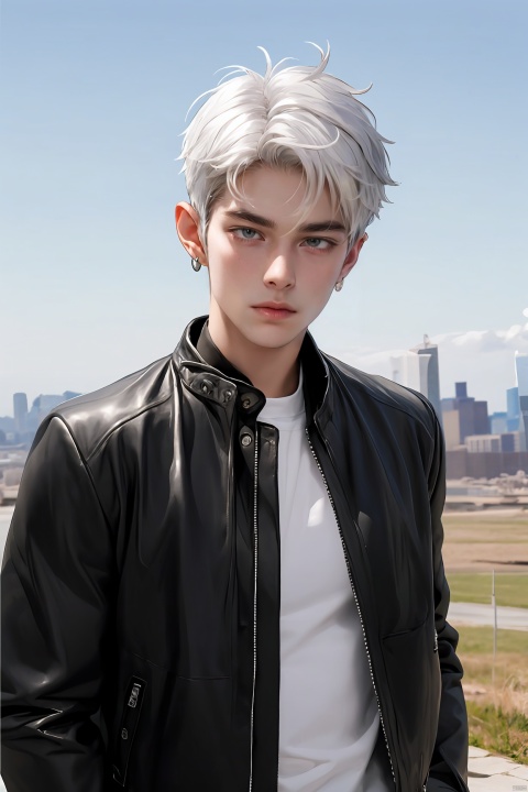 1boy,outdoors,looking at viewer,upper body,multicolored hair,full_shot,white hair,messy hair,cross_earrings,panorama,multicolored_background,short hair,hair in takes,black leather jacket,
