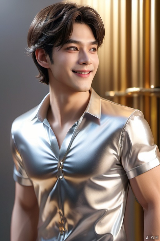  1male,23 years old,(best quality:2),(masterpiec:2).silver shiny shirt,((golden-silver inlay hair:2)),extremely detailed CG unity 16k wallpaper,masterpiece,smile,indoor,high detailed,8k UHD, 