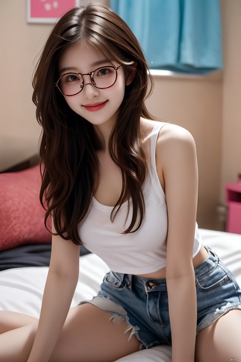 iphone photo young college woman, long tousled brunette hair, no makeup, beautiful smile, lying on her bed in her messy dorm room, wearing glasses, tank top, shorts . large depth of field, deep depth of field, highly detailed