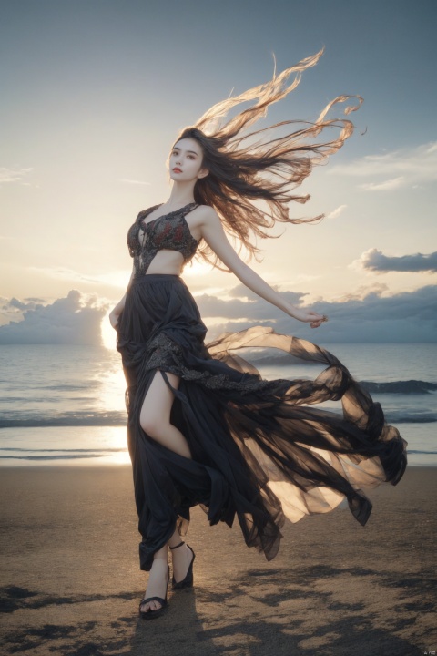 A stunning full body portrait of a maori woman, island background, sunset, charlie bowater, volumetric atmosphere, best quality, sharp focus, beautiful face, pretty hands, highres, vibrant intricate, insanely detailed, breathtaking, precise lineart, comprehensive cinematic, max detail, 4k uhd, digital art, adward winning, trending on artstation, dynamic pose
