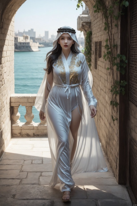 An elegant portrait of a woman in a traditional Bahraini Thobe, in the historic Bahrain Fort. The Thobe is a graceful, white gown, delicately embroidered with gold and silver threads. She walks along the fort's ancient walls, the Arabian Gulf in the background. The blend of historic and natural elements highlights her timeless elegance and Bahrain's rich history., sufei