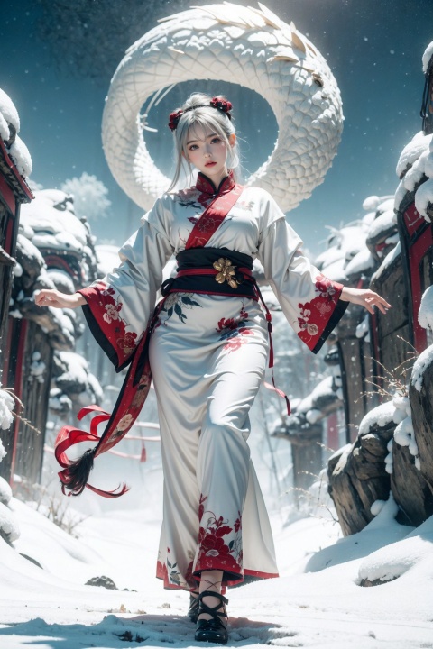 a Chinese boy with white hair living in a cave, a celestial being, wears white Daofu, has a headband, a Chinese dragon with him, in the style of Japanese Ukiyo-e, beautiful scenery of a Chinese fairy tale, misty with white snow covering the ground, graceful figures 