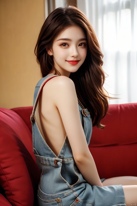 cinematic photo shirtless woman, from the side, with shoulder length brunette hair, sitting on the back of her couch in her studio apartment, wearing overalls and nothing else, smiling at the viewer, beautiful perfect eyes . 35mm photograph, film, bokeh, professional, 4k, highly detailed