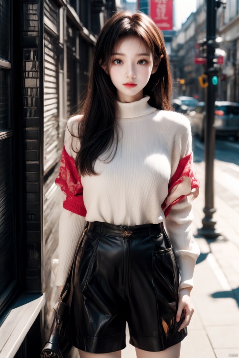 a girl wearing RNB style hip hop clothes, in the middle of a luxurious city, the light is very good, depth of field, black hair, high resolution, good pixel, sharp focus