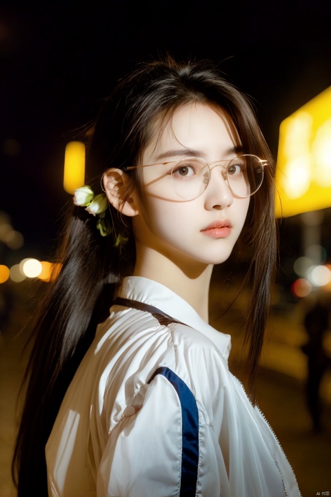 HDR photo of woman, long brunette hair in a ponytail, perfect eyes, wearing circle tinted reflective glasses, jacket with flowers embroidered on the shoulder, t-shirt, in the city at night, blurry background lights . High dynamic range, vivid, rich details, clear shadows and highlights, realistic, intense, enhanced contrast, highly detailed