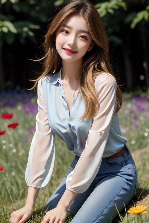 fairy tale beautiful woman, long dark-blonde hair, light-blue eyes, full lips, fair complexion, smiling at the viewer, sitting on the ground, leaning forward, loose fitting unbuttoned open blouse, silk blouse, jeans, hot summers day, overgrown field of flowers . magical, fantastical, enchanting, storybook style, highly detailed