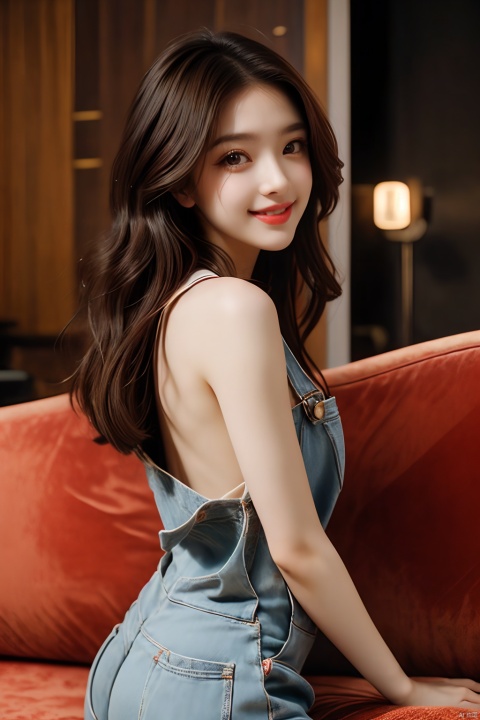 cinematic photo shirtless woman, from the side, with shoulder length brunette hair, sitting on the back of her couch in her studio apartment, wearing overalls and nothing else, smiling at the viewer, beautiful perfect eyes . 35mm photograph, film, bokeh, professional, 4k, highly detailed