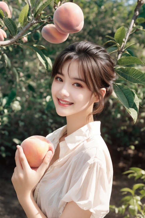 HDR photo of young woman with a messy top bun, light brunette hair, wearing a slightly unbuttoned blouse, smiling at the viewer, holding a peach, standing in an orchard of peach trees . High dynamic range, vivid, rich details, clear shadows and highlights, realistic, intense, enhanced contrast, highly detailed