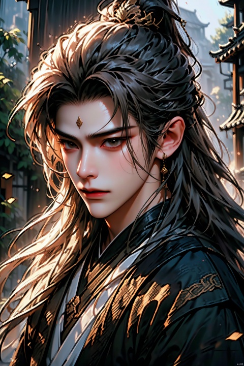 1male,(RAW Photo,8k,realistic,Photo-realistic:1.37),23 years old,Chinese Mythological figures character,wearing silver shiny traditional taoism clothe,(golden hair:1.37),