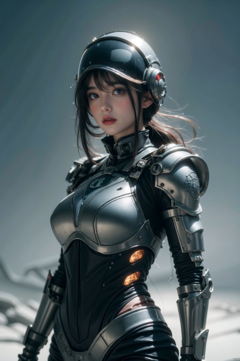 white sci-fi female armor with cybernetic helmet, full armor, insulated armor, spacesuit, bald head, lots of fine detail, sci-fi movie style, outdoor photo, photography, natural light, photorealism, cinematic rendering, ray tracing, the highest quality, the highest detail, Cinematic, Third-Person View, Blur Effect, Long Exposure, 8K, Ultra-HD, Natural Lighting, Moody Lighting, Cinematic Lighting