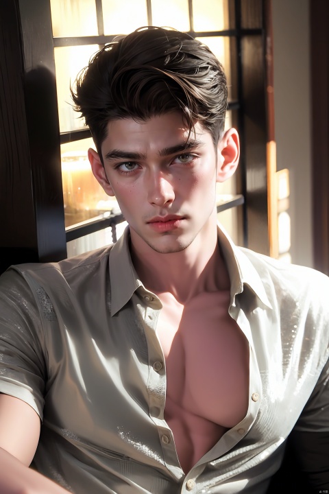 Medium close-up, photograph of, a handsome male, ((wearing a Loose semi-sheer silver sequin casual shirt)) ,he is unzipping, cleavage, short auburn hair, old house, masterpiece, UHD, natural light, realistic, LianmoNan, danjue, jzns,flm