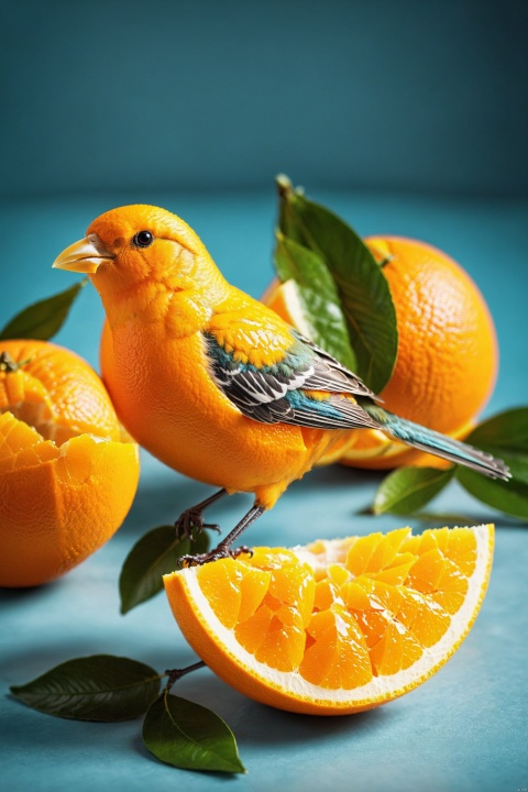 a little bird made of a fresh orange that has been cut open, photo-realistic techniques
