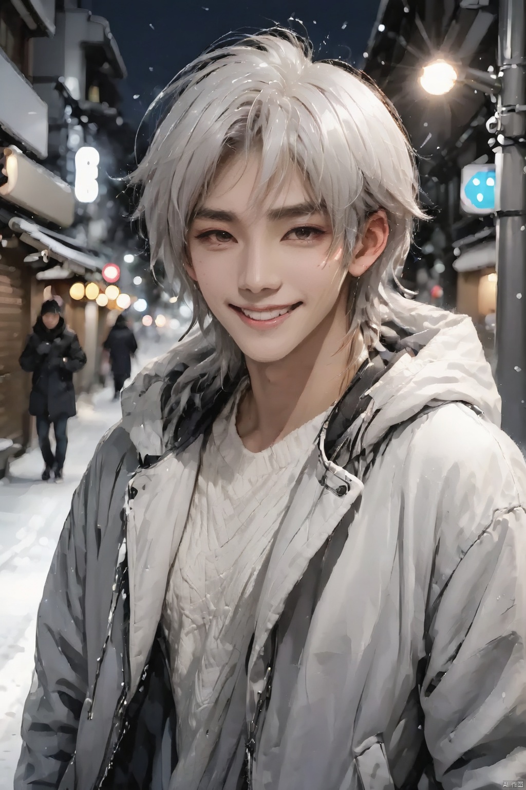 1BOY1boy,night,Tokyo,the streets,snow,lights,upper body,looking at viewer,smile,white hair,
