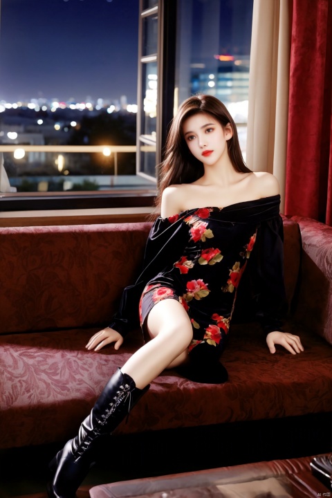 cinematic photo woman sitting on a couch, long brunette hair with (blonde highlights:0.7) , wearing a black minidress with a flower print falling off her shoulder, black boots, large picture window in the background overlooking a city at night . 35mm photograph, film, bokeh, professional, 4k, highly detailed