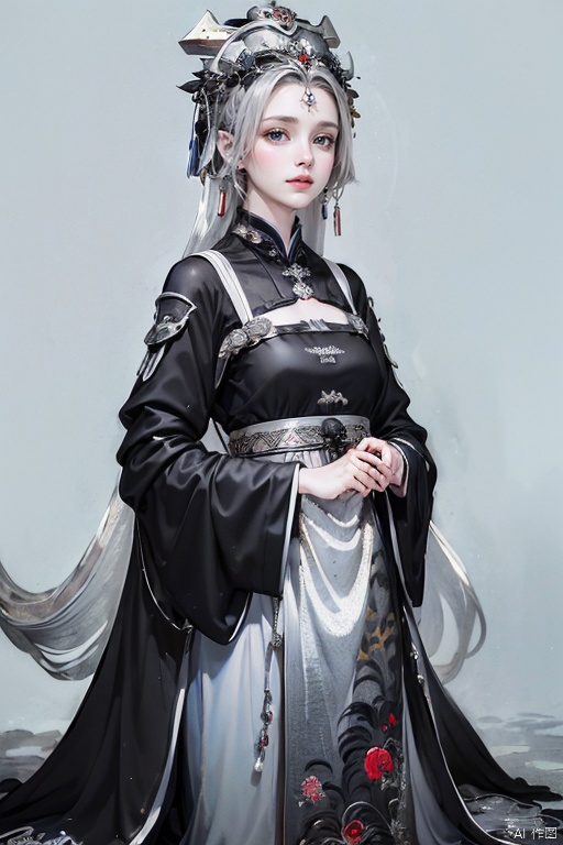 1girl,23 years old,wearing song dynasty Hanfu,(silver-black inlaly:2),smiling,outdoor,(best quality:2),(masterpiece:2),8k UHD,