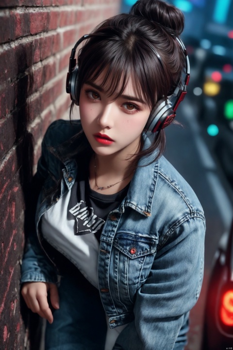 (film stock) , (extremely detailed CG unity 8k wallpaper) full body portrait of a cyberpunk woman leaning on a wall in cyberpunk city street at night, (action scene) , (extreme close up) , ((Night time) ), city lights, ((neon cyberpunk city street:1.3) ), (neon lights) , stars, moon, (film grain:1.4) , colored lighting, full body, cyberpunk woman in a futuristic city in a cyberpunk city, (leaning on wall) , ((rgb gamer headphones) ), ((tanned skin:1.3) ), ((angry) ), (angry eyebrows) , scowl, (e-girl blush:1.2) long hair, (freckles:0.9) , detailed symmetrical face, (dark crimson hair:1.2) , short hair, (messy hair bun) , (undercut hair:1.4) , punk girl, ((tattoos) ), alt girl, ((face piercings:1.2) ), ((fingerless gloves) ), (brown eyes) , many rings, reflective eyes, makeup, (red lipstick) , (shiny lips) , (white sclera) , (sweat) , ear piercings, detailed lighting, rim lighting, dramatic lighting, chiaroscuro, (white band shirt) , ((ripped denim jacket:1.1) ), (((jean jacket) )), long sleeves, bracelets, (torn blue jean pants:1.2) ), (mom jeans) , brick wall, (polluted sky) , wall graffiti, (black doc martens) , (black combat boots) , (black shoelaces) , muddy boots, (from above:1.2) , (wide angle lens) , professional majestic impressionism oil painting by Waterhouse, John Constable, Ed Blinkey, Atey Ghailan, Studio Ghibli, by Jeremy Mann, Greg Manchess, Antonio Moro, trending on ArtStation, trending on CGSociety, Intricate, High Detail, dramatic, makoto shinkai kyoto, trending on artstation, trending on cg society,