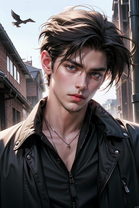 Medium close-up, photograph of, a handsome male, wearing a black  group loose shirt and leather jacket ,he is unzipping, cleavage, short auburn hair, old house, masterpiece, UHD, natural light, realistic, LianmoNan