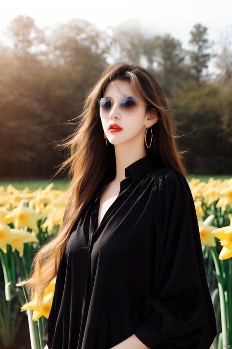HDR photo of woman, long blonde hair, dark roots, wearing a black blouse, form fitting clothes, dangling earrings, sunglasses, standing in a field of daffodils . High dynamic range, vivid, rich details, clear shadows and highlights, realistic, intense, enhanced contrast, highly detailed, sufei