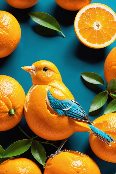 a little bird made of a fresh orange that has been cut open, photo-realistic techniques