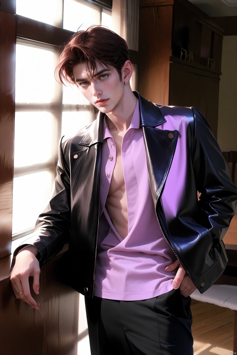 Medium close-up, photograph of, a handsome male, wearing a Pink little scented shoulder pad leather jacket ,he is unzipping, cleavage, short auburn hair, old house, masterpiece, UHD, natural light, realistic, LianmoNan, danjue, jzns,flm