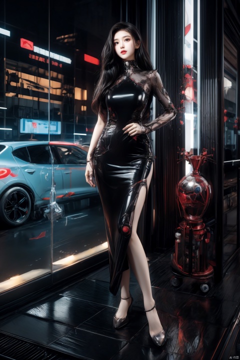 cyberpunk style, a beauty cyborg mechanical fibre girl wearing snake dress with long hair, her eyes are large and charming, with deep eye sockets, very pretty face and attractive thick lips, panorama full body shot
