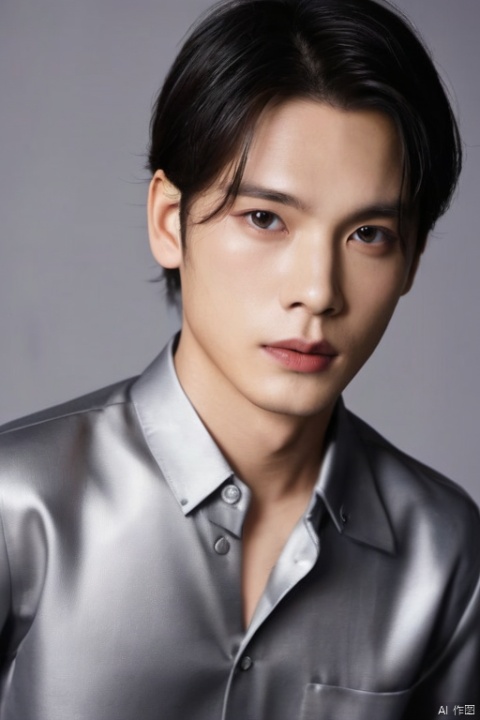  1male,(best quality:2),(masterpiec:2).silver shiny shirt,((golden-silver inlay hair:2)),extrem detailed skin face,smile,indoor,high detailed,8k UHD,