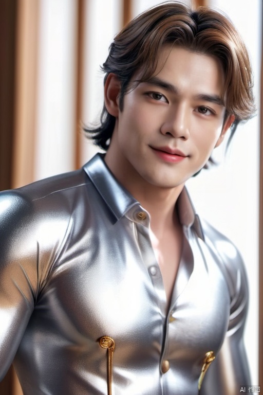  1male,(best quality:2),(masterpiec:2).silver shiny shirt,((golden-silver inlay hair:2)),extrem detailed skin face,smile,indoor,high detailed,8k UHD, 1girl