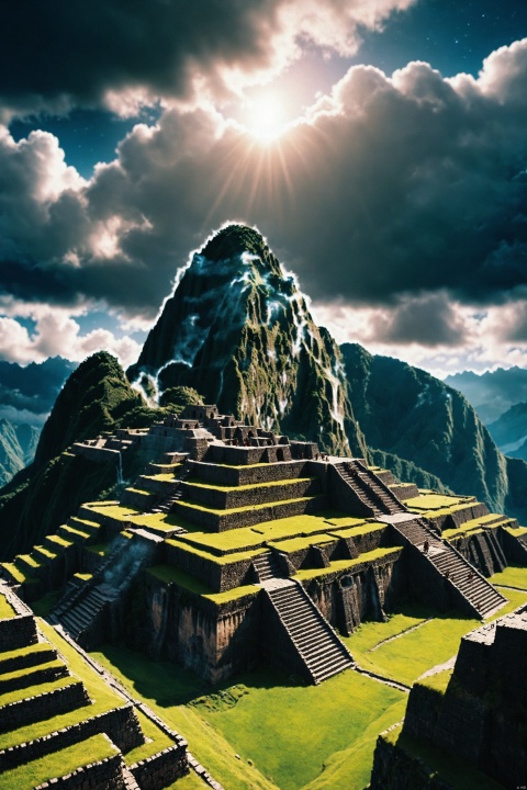 Phase-Space Astral Inca ancient city floating in the clouds, photorealistic, detailed matte painting, deep color, fantasy, intricate details, intro, complementary colors, fantasy concept art, 8k resolution , Deviantart's gothic masterpiece --no People