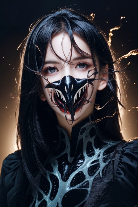 Portrait of a beautiful gir with venom symbiote, perfect symmetrical body, perfect body, highly detailed face, face visible, glowing eyes, energy clots flowing in the background, particles, bokeh