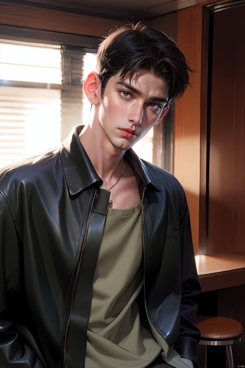 Medium close-up, photograph of, a handsome male, wearing a black  group loose shirt and leather jacket ,he is unzipping, cleavage, short auburn hair, old house, masterpiece, UHD, natural light, realistic, LianmoNan, danjue, jzns