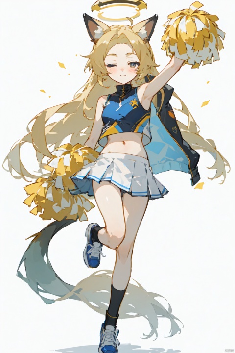 1girl, solo, long hair, looking at viewer, blush, skirt, blonde hair, simple background, white background, navel, holding, animal ears, very long hair, jacket, tail, full body, pleated skirt, small breasts, one eye closed, shoes, sleeveless, alternate costume, socks, midriff, armpits, arm up, crop top, fox ears, halo, white skirt, forehead, cheerleader, pom pom \(cheerleading\), holding pom poms