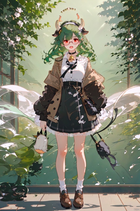 1girl, solo, long hair, breasts, looking at viewer, open mouth, bangs, skirt, large breasts, shirt, hair ornament, red eyes, long sleeves, ribbon, animal ears, standing, jacket, tail, full body, white shirt, hairband, green hair, horns, shoes, glasses, choker, socks, hairclip, collared shirt, black skirt, bag, hair over one eye, coat, sleeves past wrists, bell, black ribbon, neck ribbon, black choker, brown footwear, black hairband, animal print, neck bell, sleeves past fingers, shoulder bag, round eyewear, cow print, cow ears, cow horns, cowbell, cow girl, brown coat, cow tail